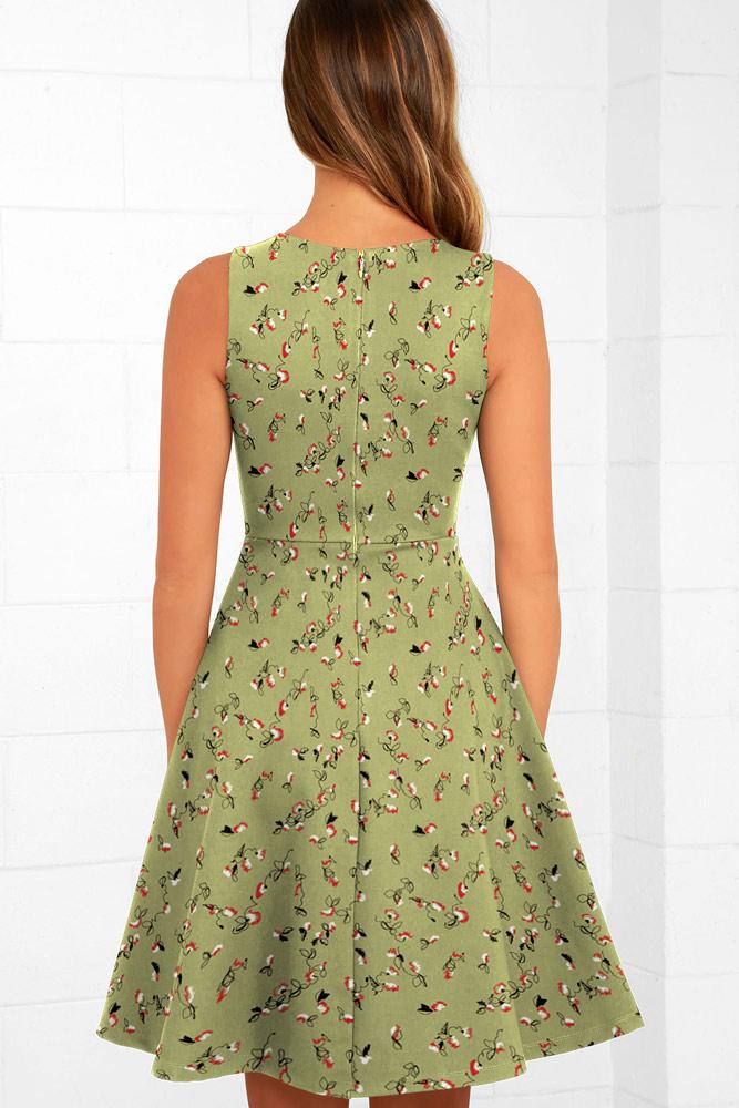 Robe Mi-Longue Évasée à Fleurs et Col en V Brun Olive