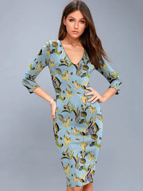 Robe Mi-Longue Moulante à Col en V Imprimé Floral Bleu Clair