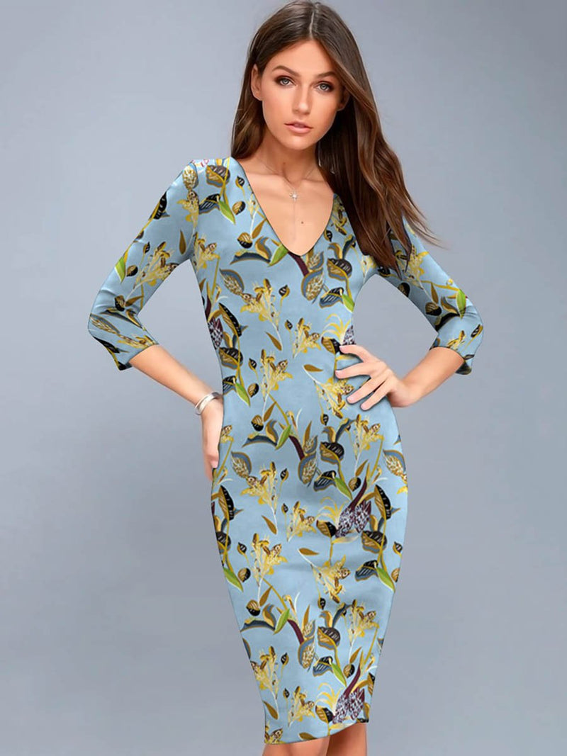 Robe Mi-Longue Moulante à Col en V Imprimé Floral Vert Olive Foncé