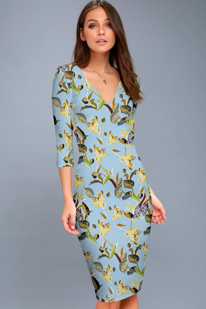 Robe Mi-Longue Moulante à Col en V Imprimé Floral Bleu Clair