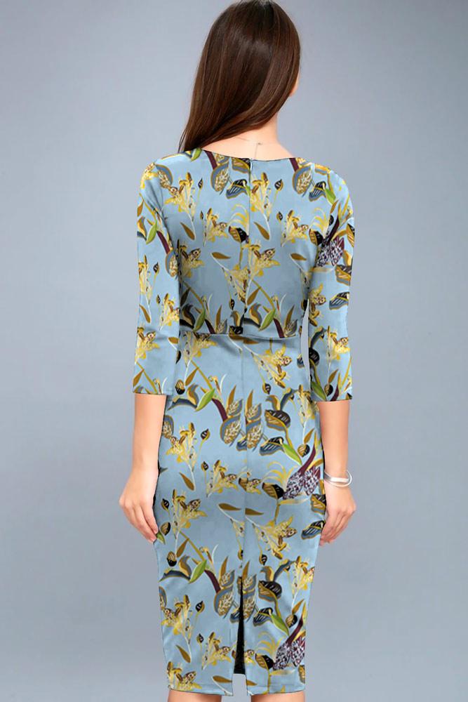 Robe Mi-Longue Moulante à Col en V Imprimé Floral Bleu Clair