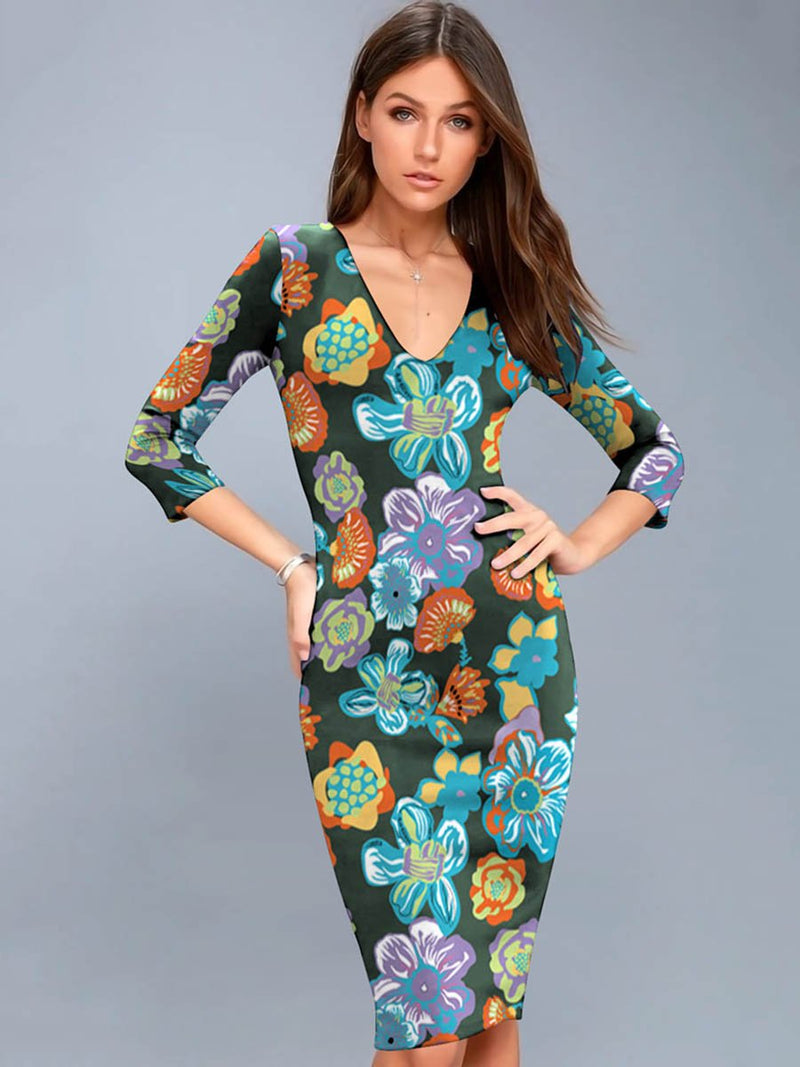 Robe Mi-Longue Moulante à Col en V Imprimé Floral Vert