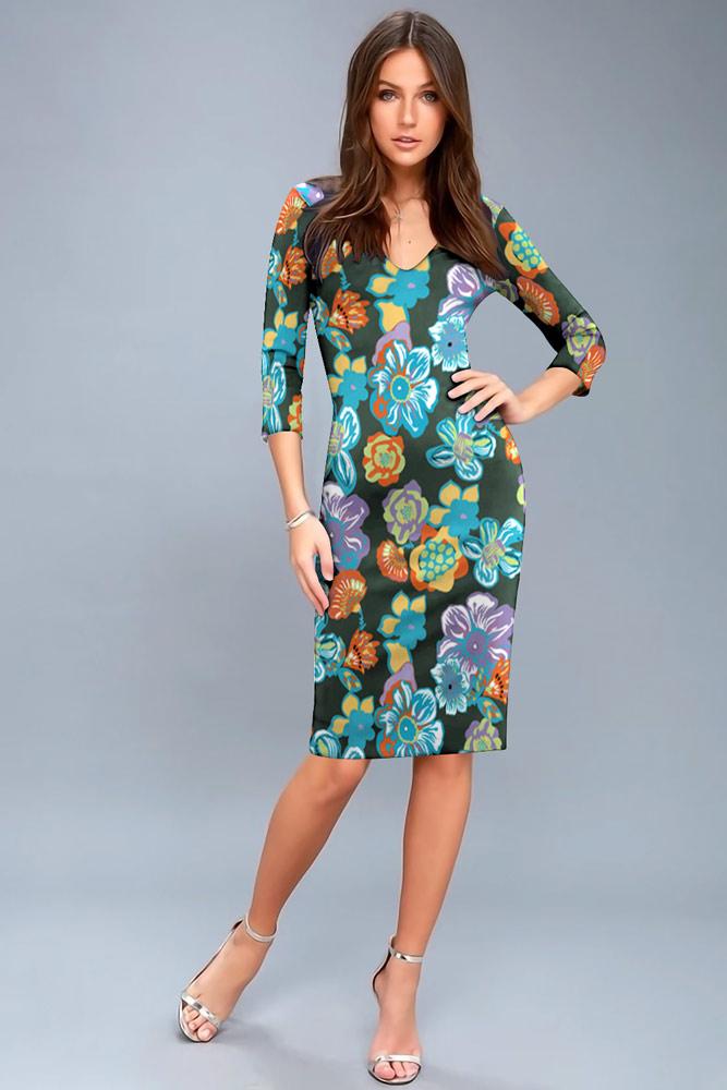 Robe Mi-Longue Moulante à Col en V Imprimé Floral Vert