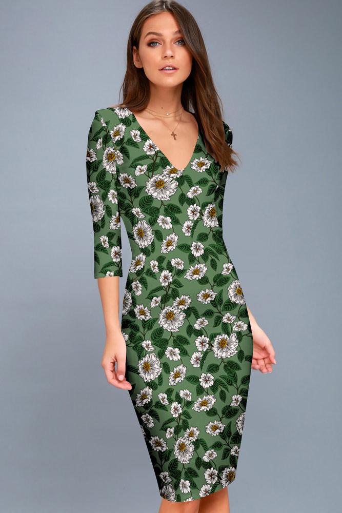 Robe Mi-Longue Moulante à Col en V Fleurie et Manches Longues Vert Foncé