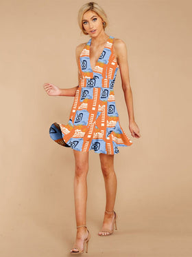 Mini-Robe à Dos Nu à Fleurs et à Volants Évasés Orange