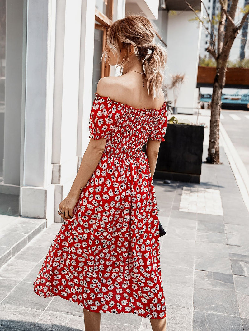 Robe Midi Floral Évasée à Épaules Dénudées