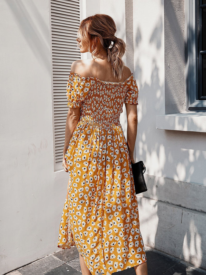 Robe Midi Floral Évasée à Épaules Dénudées