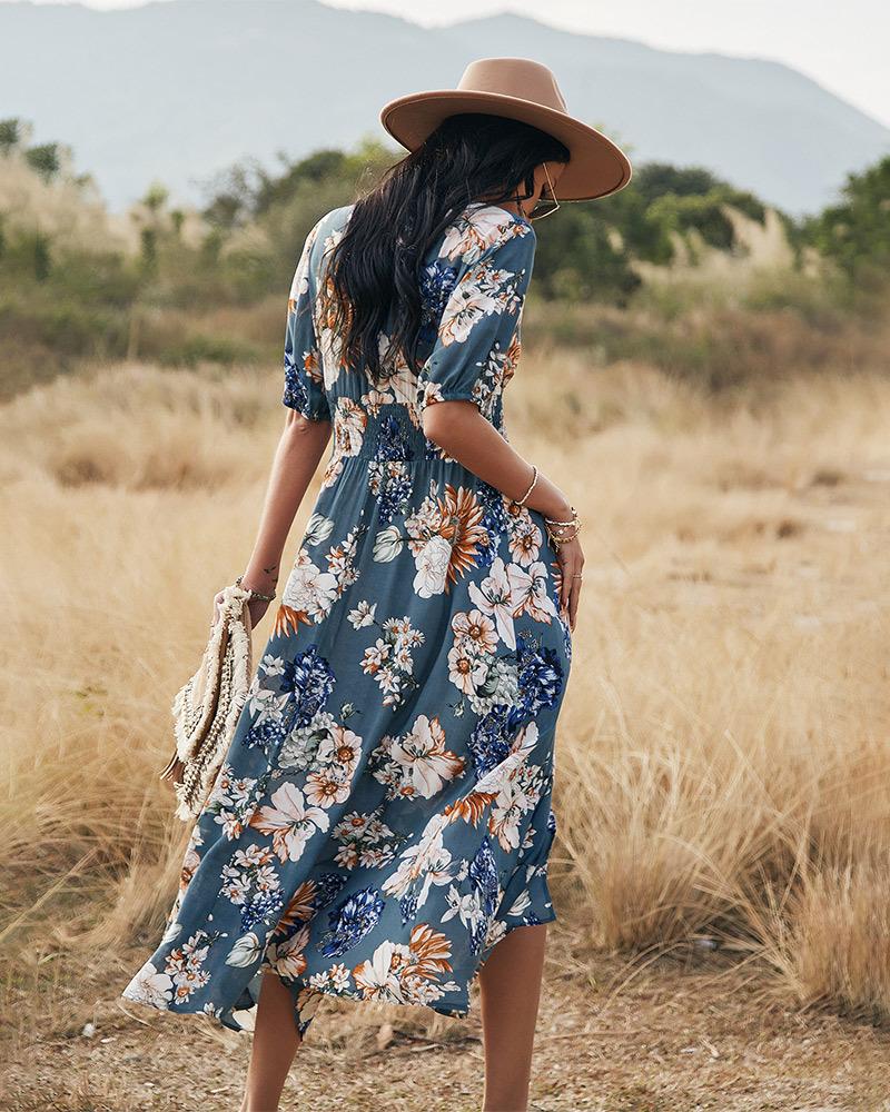 Robe Longue Floral à Manches Courtes et Col en V