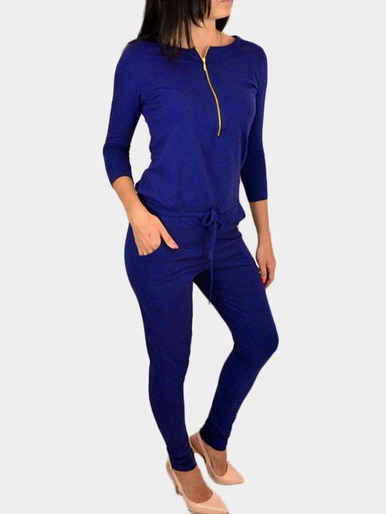 Zipper 3-4 Length Sleeves Drawstring Waist Jumpsuit