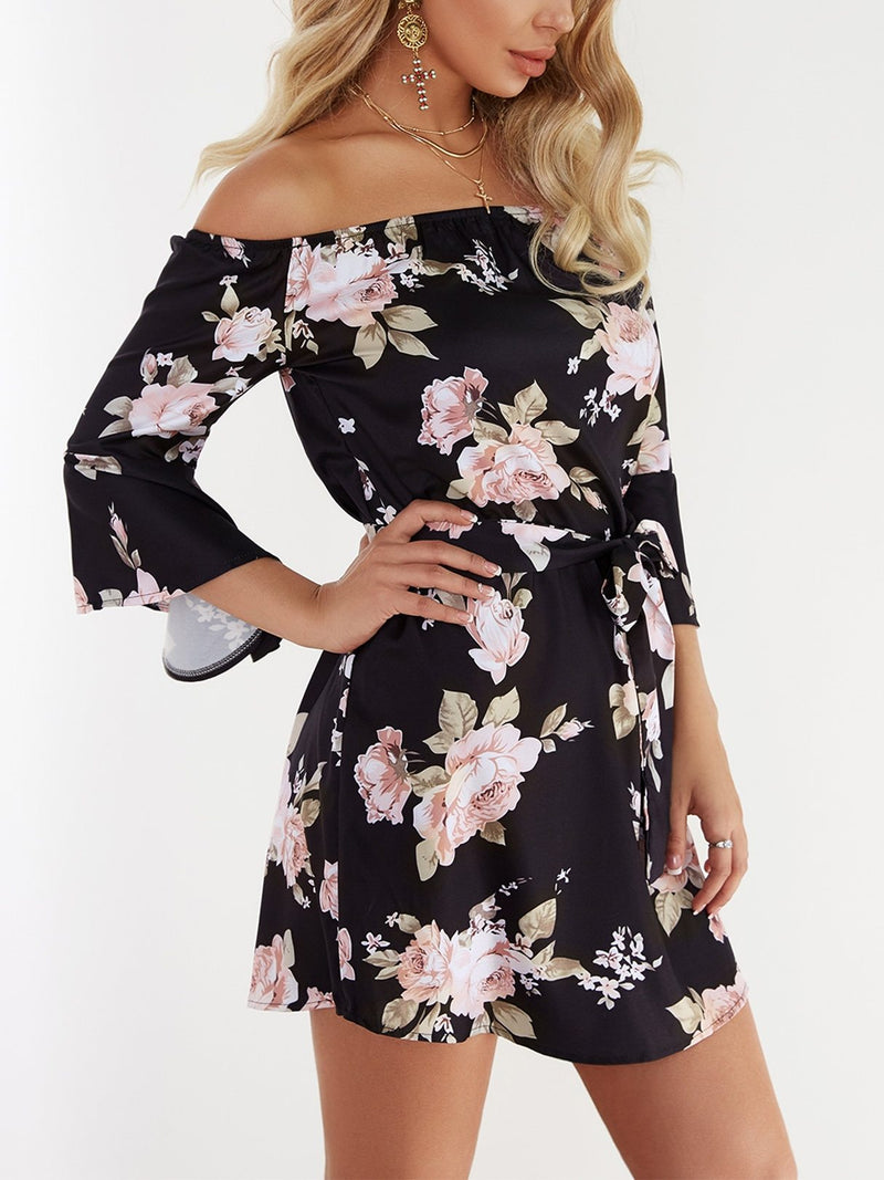 Robe Florale à Manches Longues et à Taille Haute