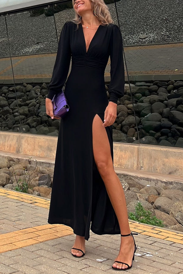 Perfect Curve Metallic Smocked Slit Maxi Dress