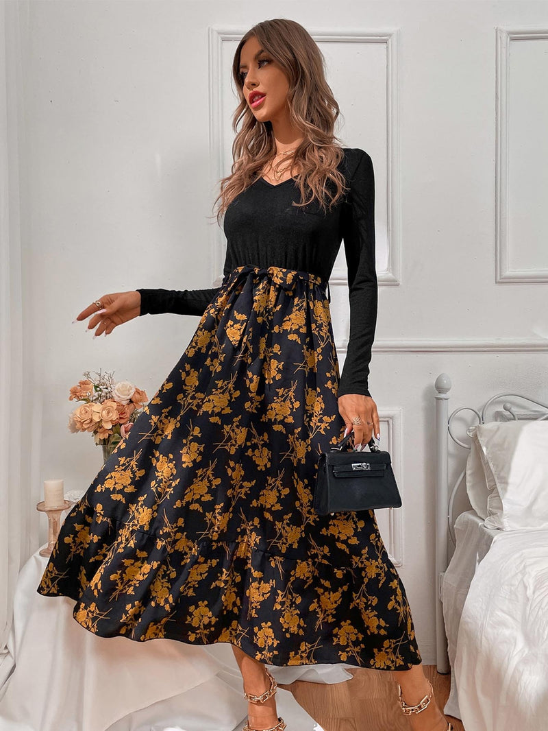 Robe Maxi Fleurie Décontractée Manches Longues