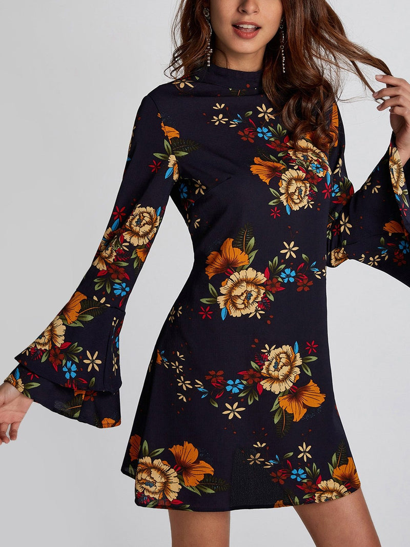 Random Floral Print Perkins Collar Flared Sleeves Mini Dress