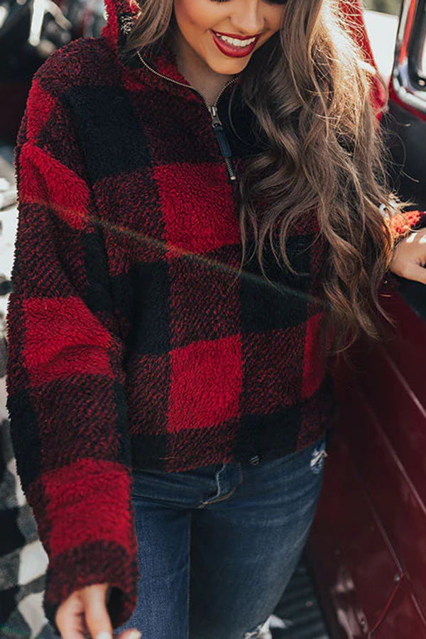 Cozy Holiday Plans Sherpa Plaid Pullover