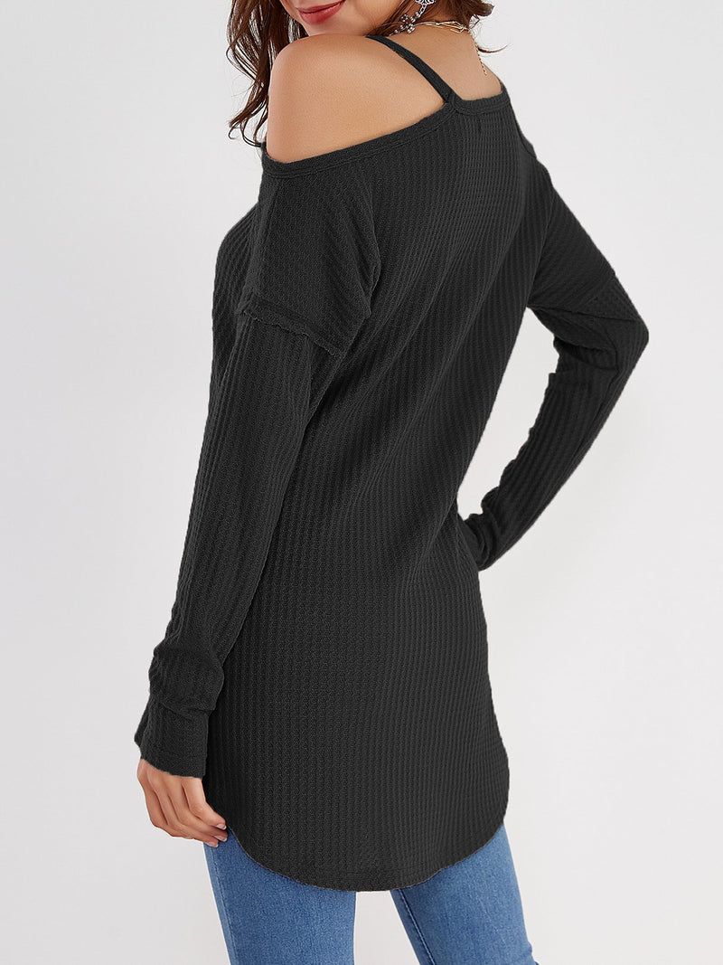 Top à Manche Longue Shirt Haut Noir Epaules Dénudées