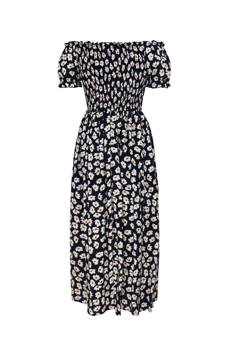 Robe Midi Floral Évasée à Épaules Dénudées