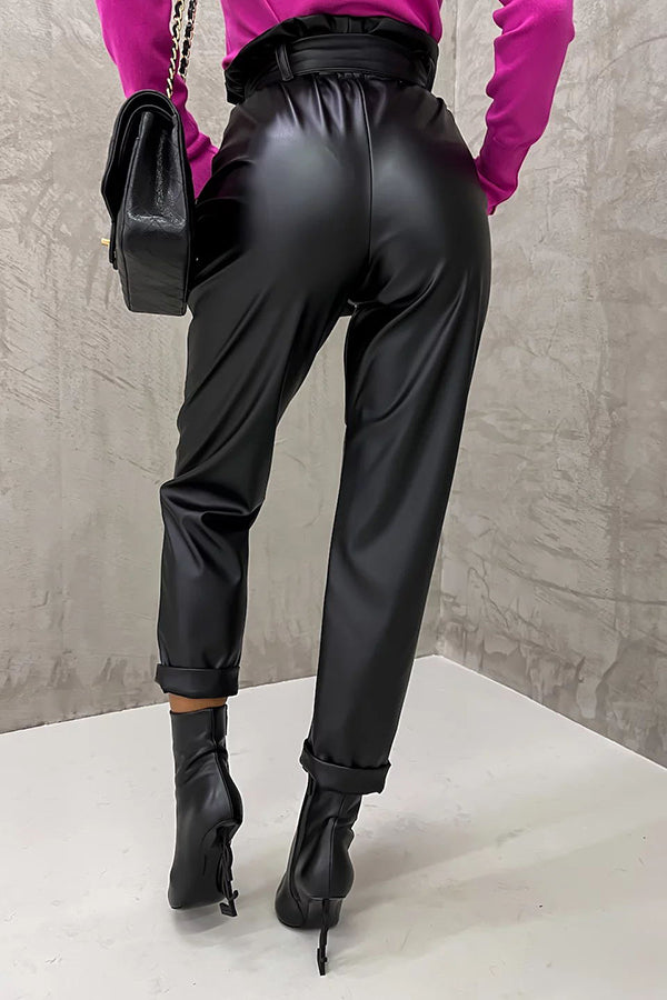 Pantalon en Similicuir avec Poches Taille Haute Nouée