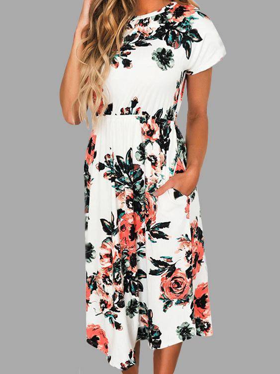 Robe à Imprimé Floral Col Rond