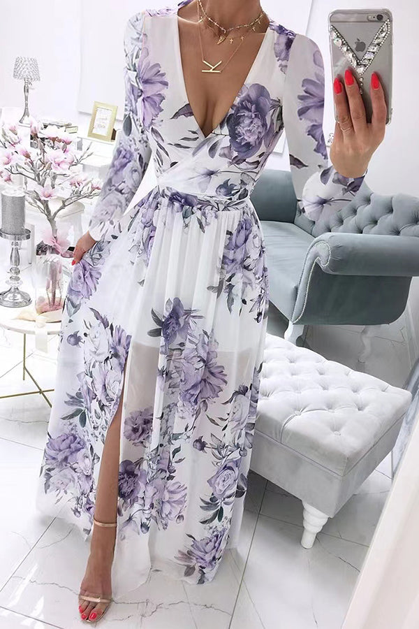 Robe Maxi Fendue Floral Col V Profond Manches Longues