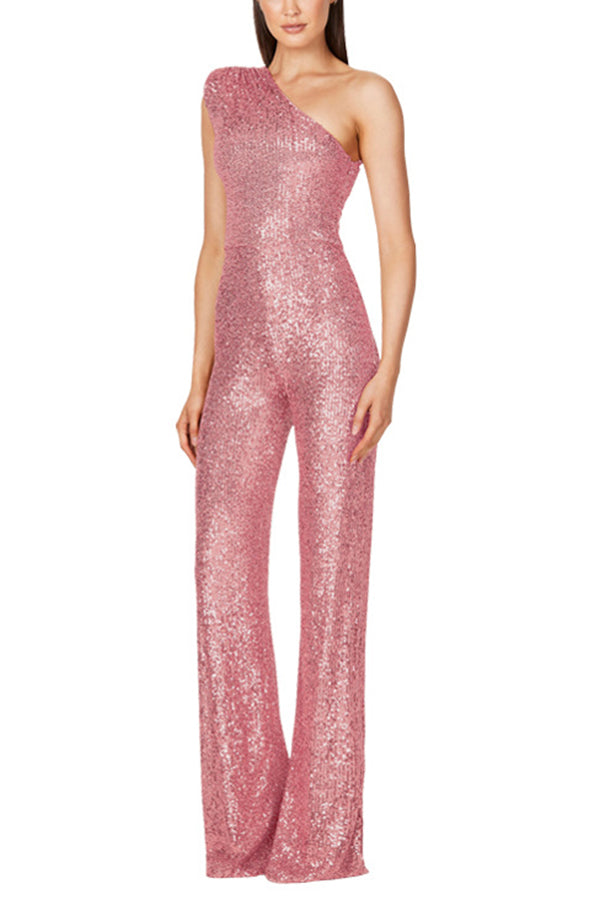 Alize Stretch Sequin One Shoulder Wide Leg Jumpsuit