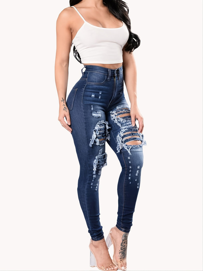 Ripped Holes Skinny Leg Distressed Denim Jeans Pants