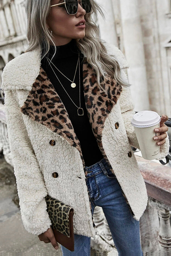 Oaklynn Leopard Print Double Button Teddy Coat