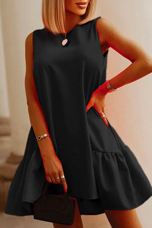 Crewneck Sleeveless Solid Ruffle Swing Dress