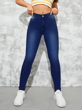 Pantalon Jean en Denim Taille Haute Slim Poche Oblique