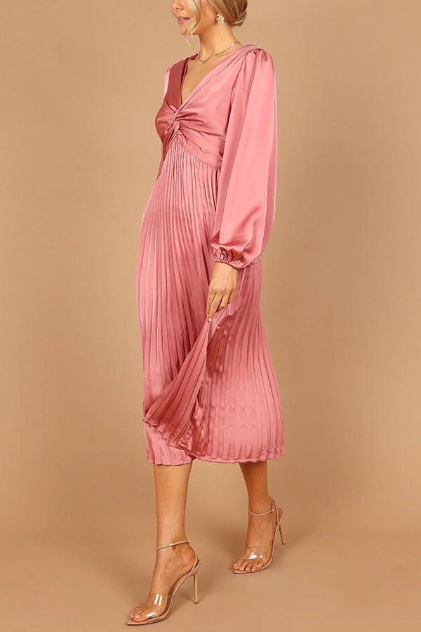 Draw Attention Satin Twist Pleated Midi Dress