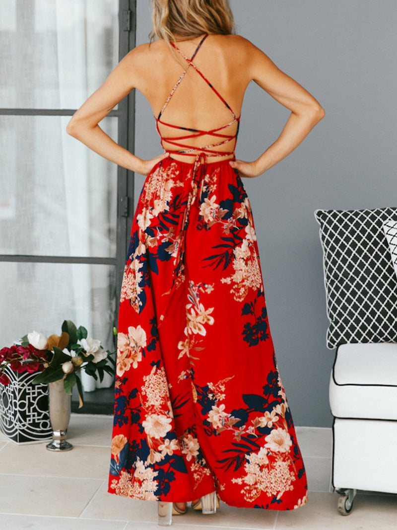 Robe Maxi Floral Sangle à Dos Nu et Fente Côté