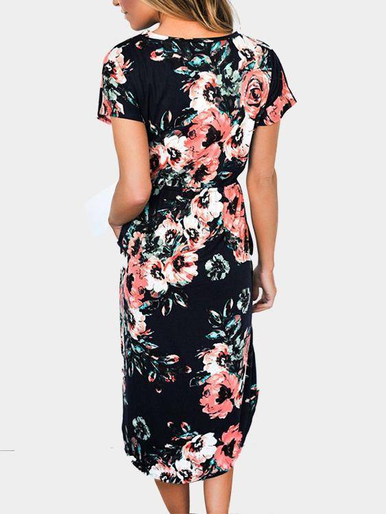 Robe à Imprimé Floral Col Rond