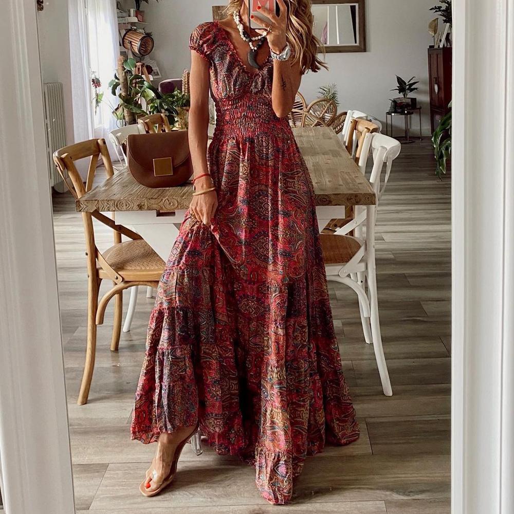 Robe Longue Manches Courtes Imprimé Vintage