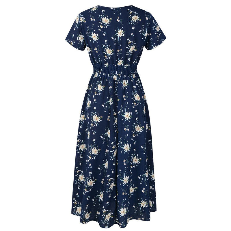 Robe Midi à Floral en Col V et Manches Courtes