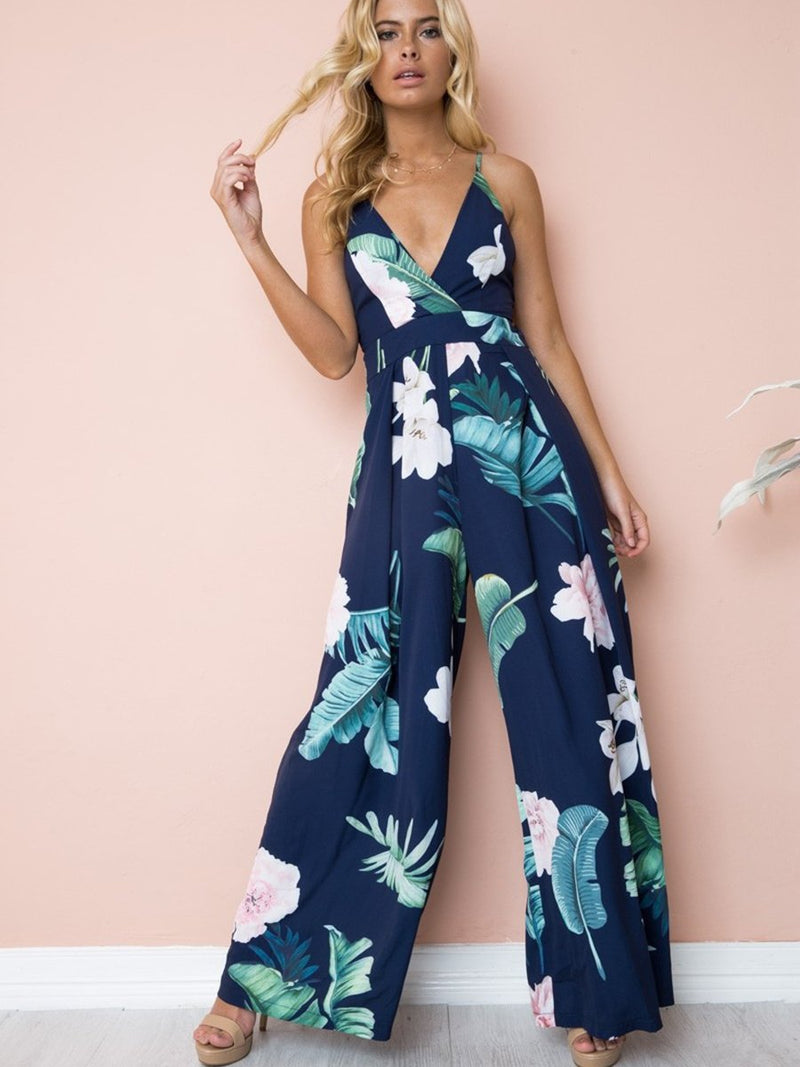 Jumpsuit Imprimé Floral Col en V Ample à Bretelles en Rayures à Dos Nu