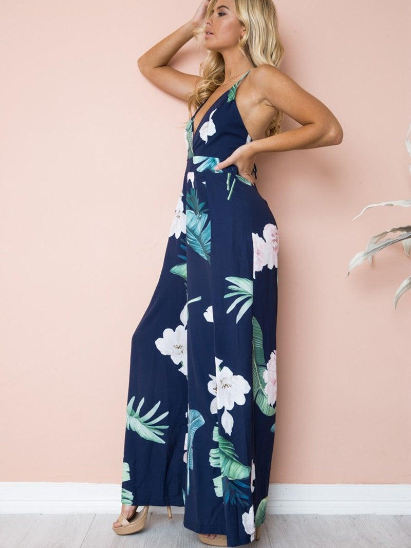 Jumpsuit Imprimé Floral Col en V Ample à Bretelles en Rayures à Dos Nu