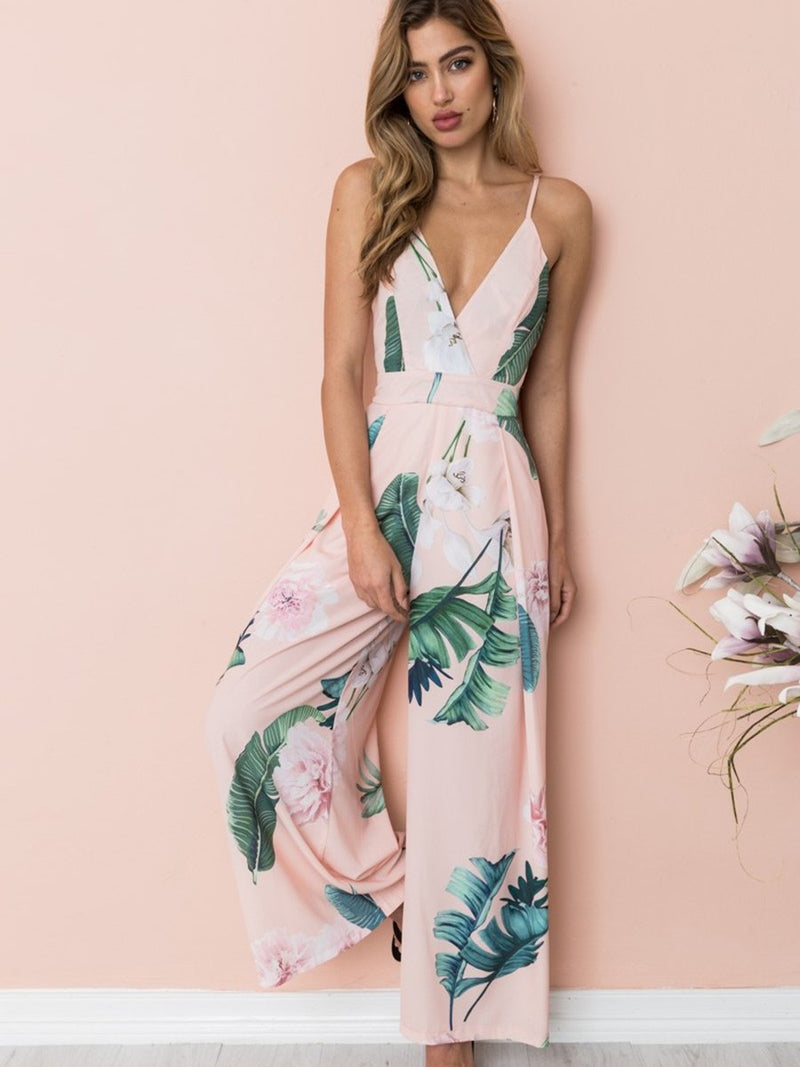 Jumpsuit Imprimé Floral Col en V Ample à Bretelles en Rayures à Dos Nu