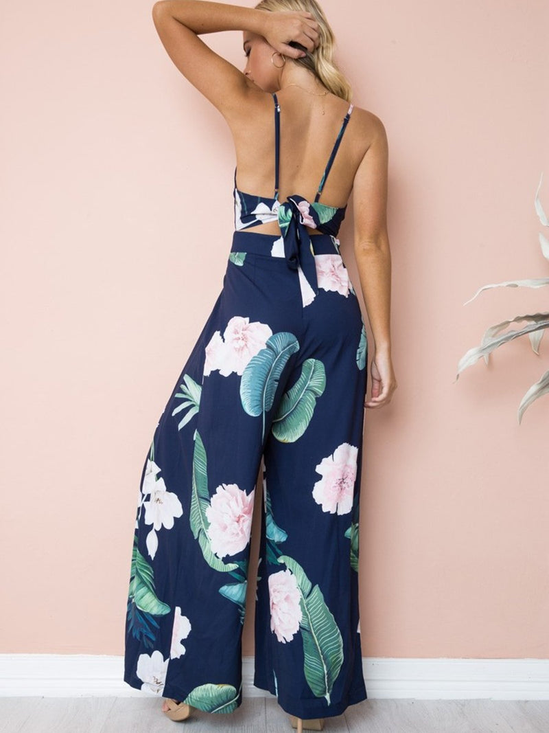 Jumpsuit Imprimé Floral Col en V Ample à Bretelles en Rayures à Dos Nu