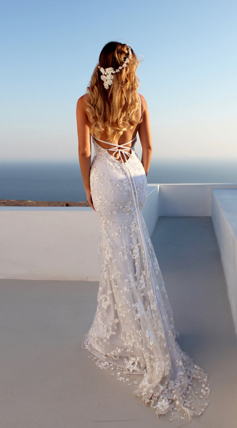 Robe Longue de Mariée en Mousseline de Soie Bretelles Spaghetti et Col V