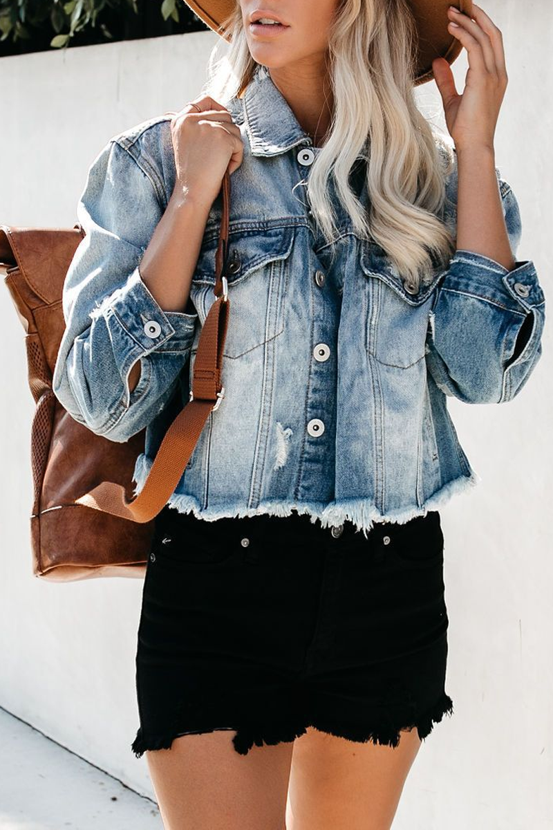 Veste Déchirée en Denim Délavé à Revers