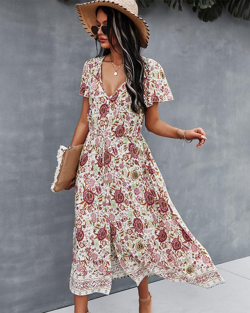 Robe Longue Floral Manches Courtes en Col V