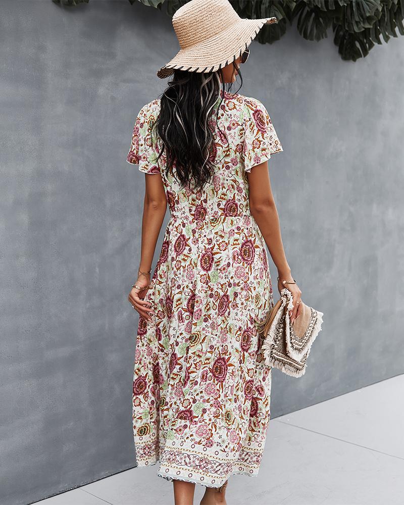 Robe Longue Floral Manches Courtes en Col V