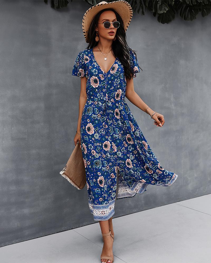 Robe Longue Floral Manches Courtes en Col V