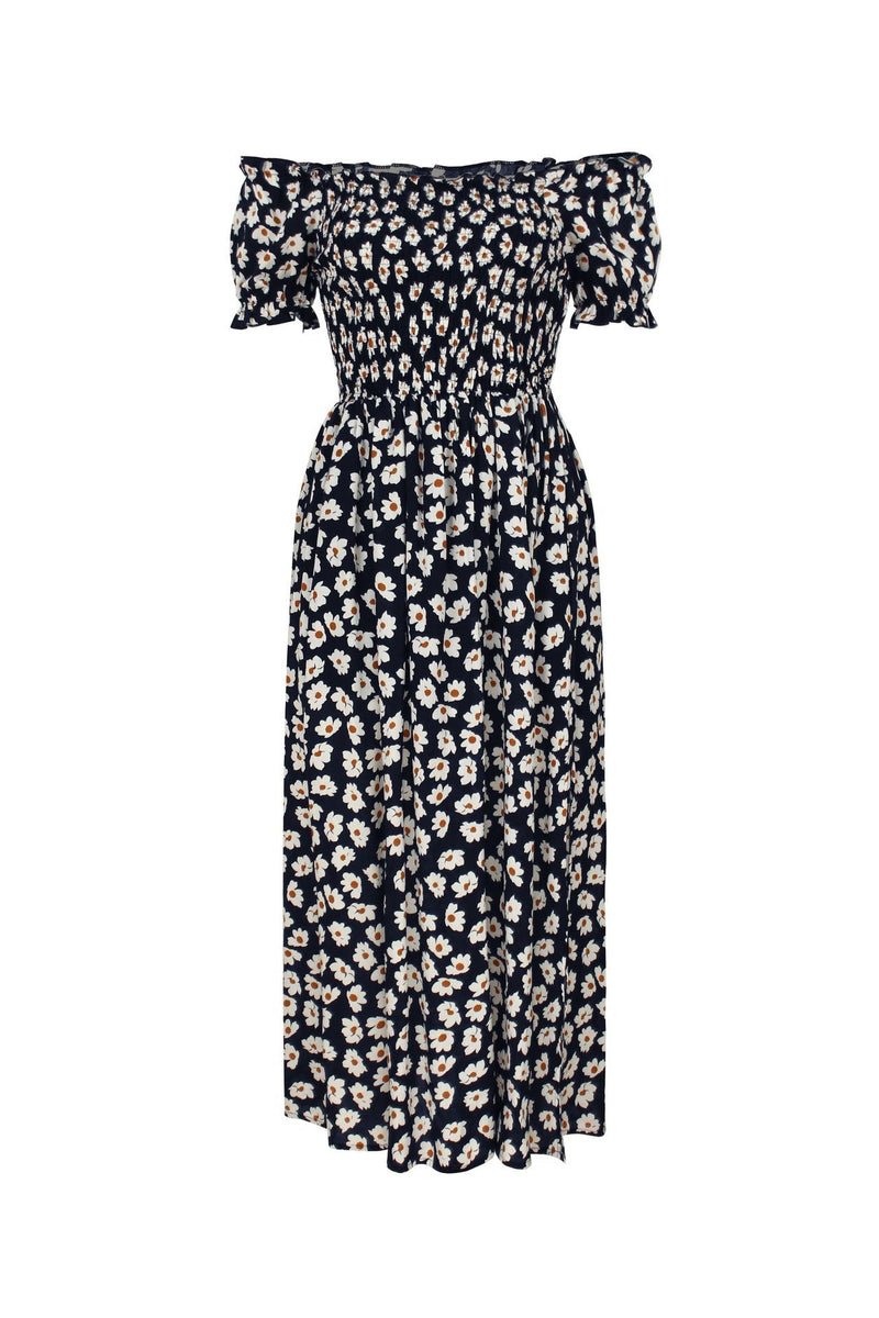 Robe Midi Floral Évasée à Épaules Dénudées