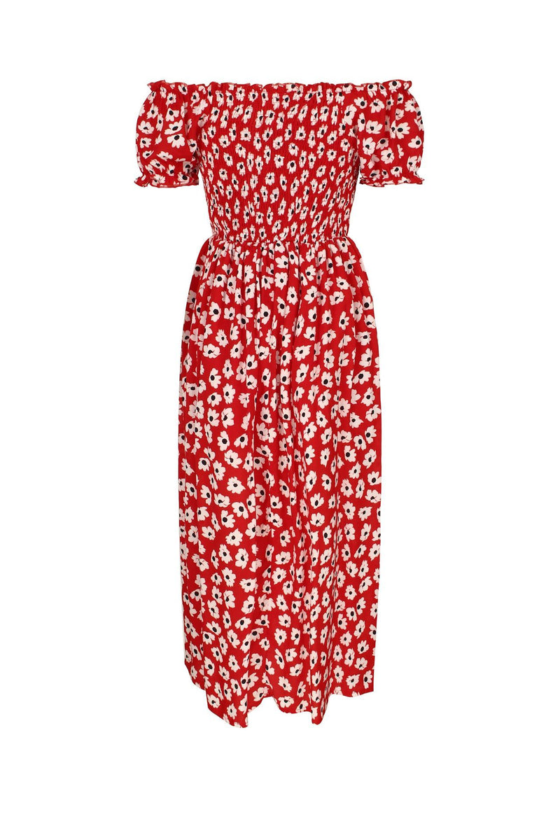 Robe Midi Floral Évasée à Épaules Dénudées