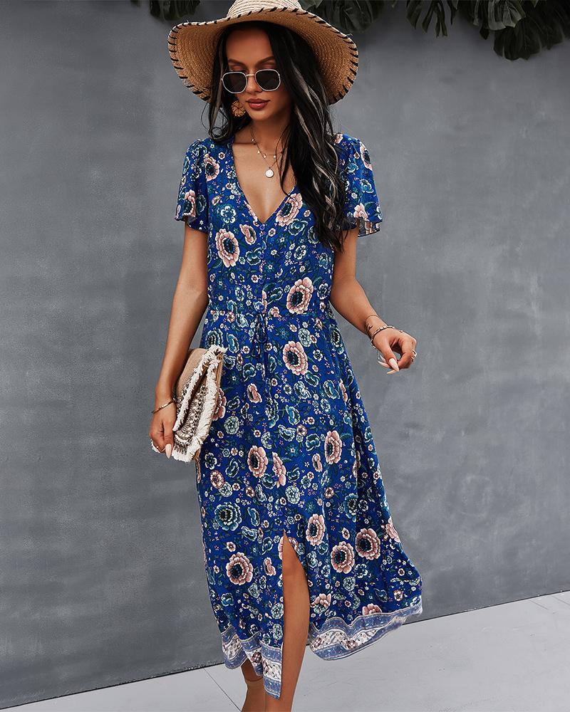 Robe Longue Floral Manches Courtes en Col V