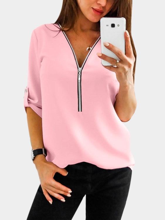 Zip Design V-neck Long Sleeves T-shirts