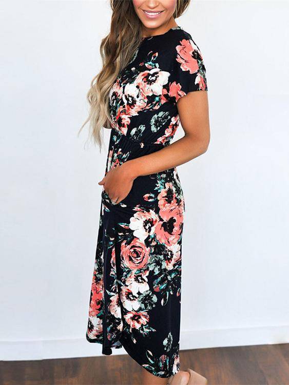 Robe à Imprimé Floral Col Rond