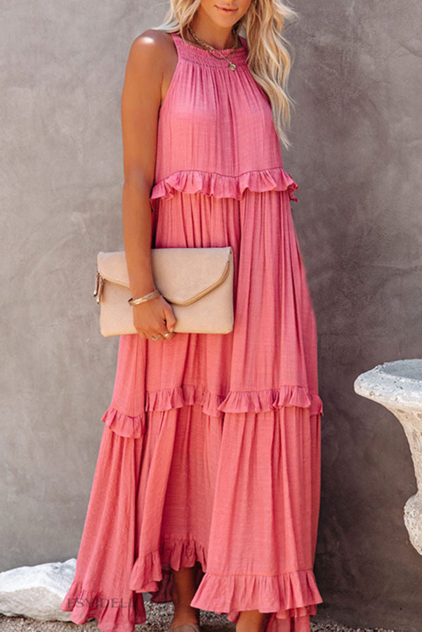 Vittoria Shirred Ruffle Tiered Maxi Halter Dress