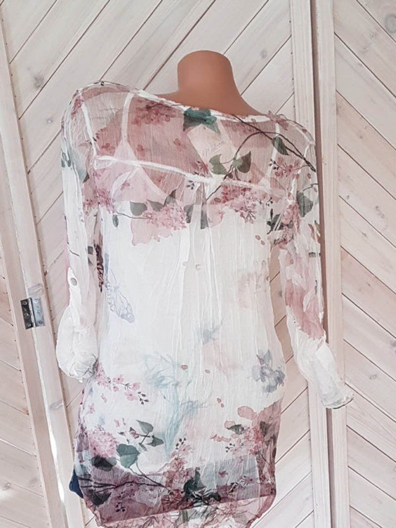 Blouse Floral Col Boutonné en V avec Manches Longues - CA Mode