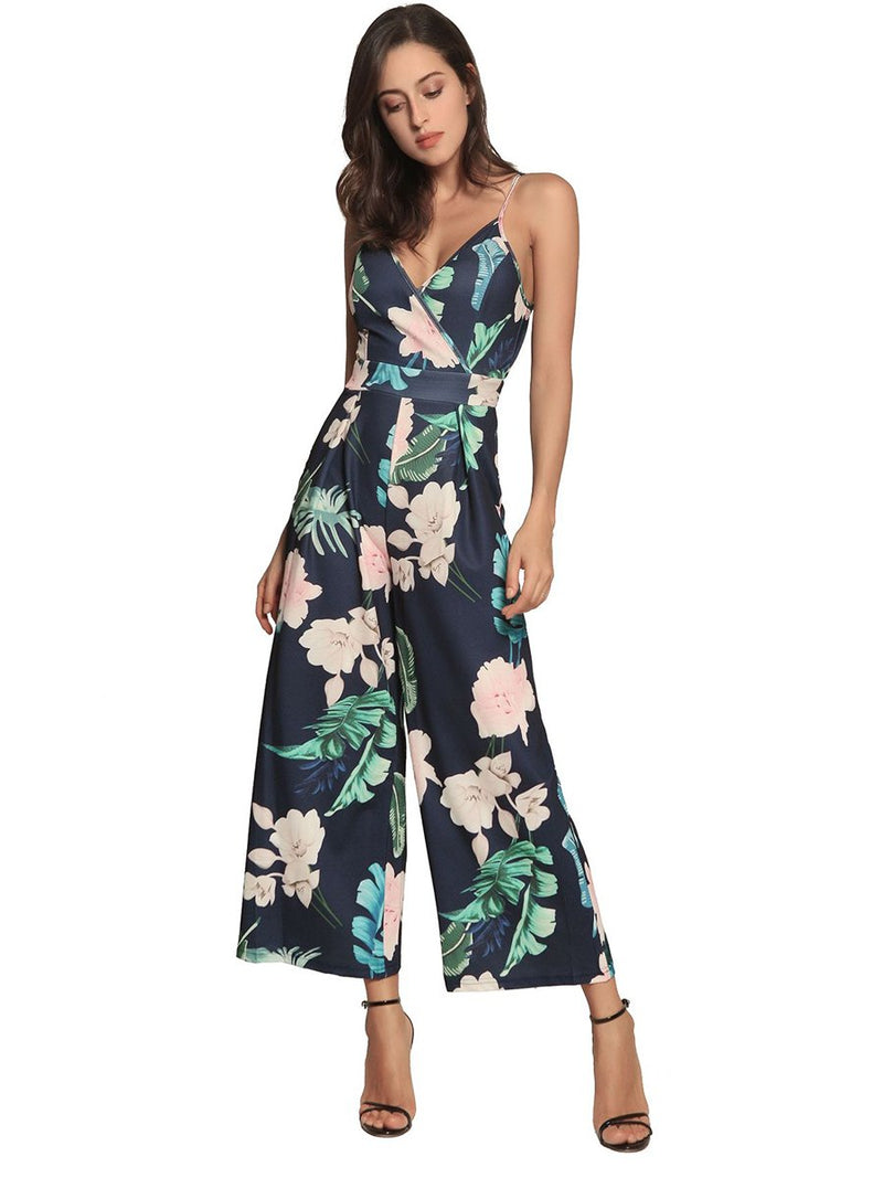 Jumpsuit Imprimé Floral Col en V Ample à Bretelles en Rayures à Dos Nu